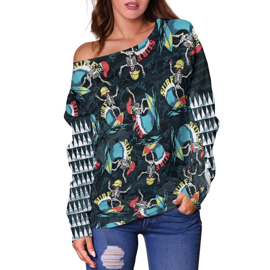 Hawaii Skeleton Surf Off Shoulder Sweater Halloween Hawaiian Tribal