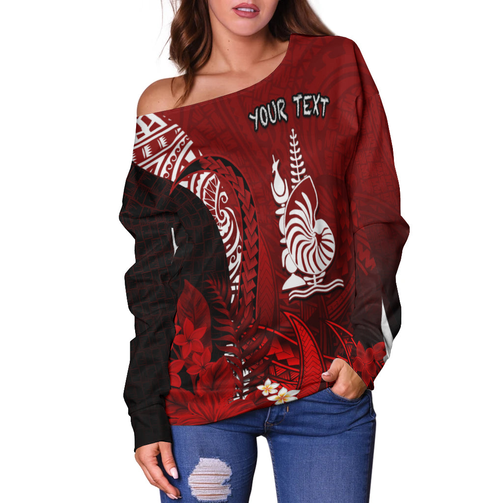 (Custom Personalised) New Caledonia Off Shoulder Sweater Nautilus Red Polynesian Hibiscus