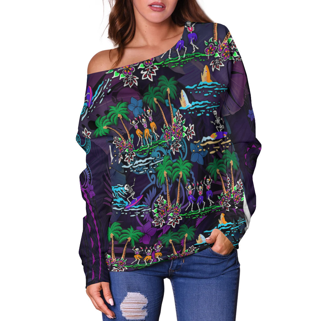 Hawaii Skeleton Dancing Off Shoulder Sweater Halloween Hawaiian Turtle