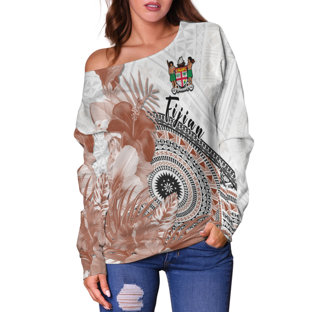 (Custom Personalised) Fiji Tapa Off Shoulder Sweater White Fijian Masi Be Loved Hibiscus