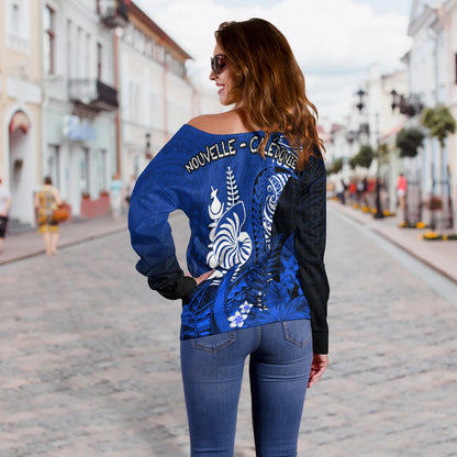 (Custom Personalised) New Caledonia Off Shoulder Sweater Nautilus Blue Polynesian Hibiscus