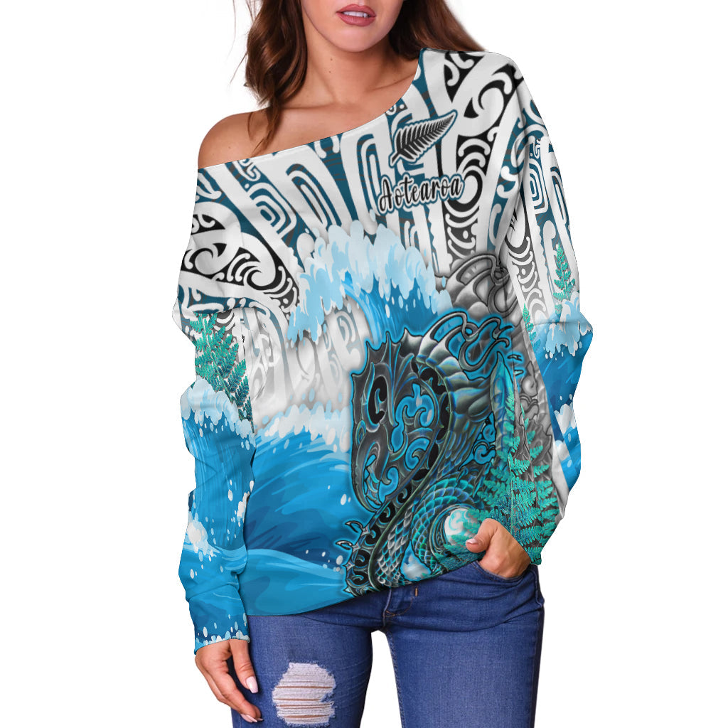 (Custom Personalised) Manaia Maori Off Shoulder Sweater Fern Aotearoa Blue Waves