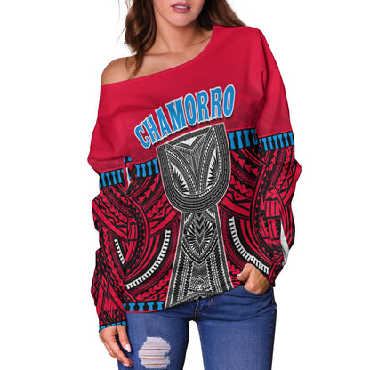 (Custom Personalised) Guam Chamorro Off Shoulder Sweater Latte Stone Red Polynesian Haligi