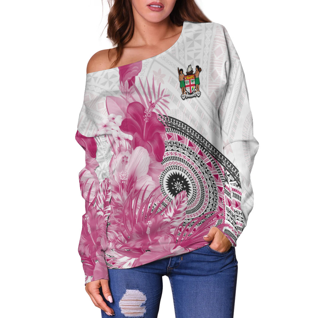 (Custom Personalised) Fiji Tapa Off Shoulder Sweater Pink Fijian Masi Be Loved Hibiscus