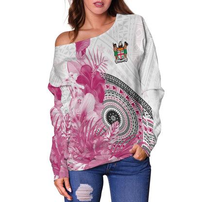 (Custom Personalised) Fiji Tapa Off Shoulder Sweater Pink Fijian Masi Be Loved Hibiscus