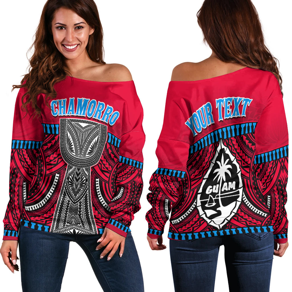 (Custom Personalised) Guam Chamorro Off Shoulder Sweater Latte Stone Red Polynesian Haligi