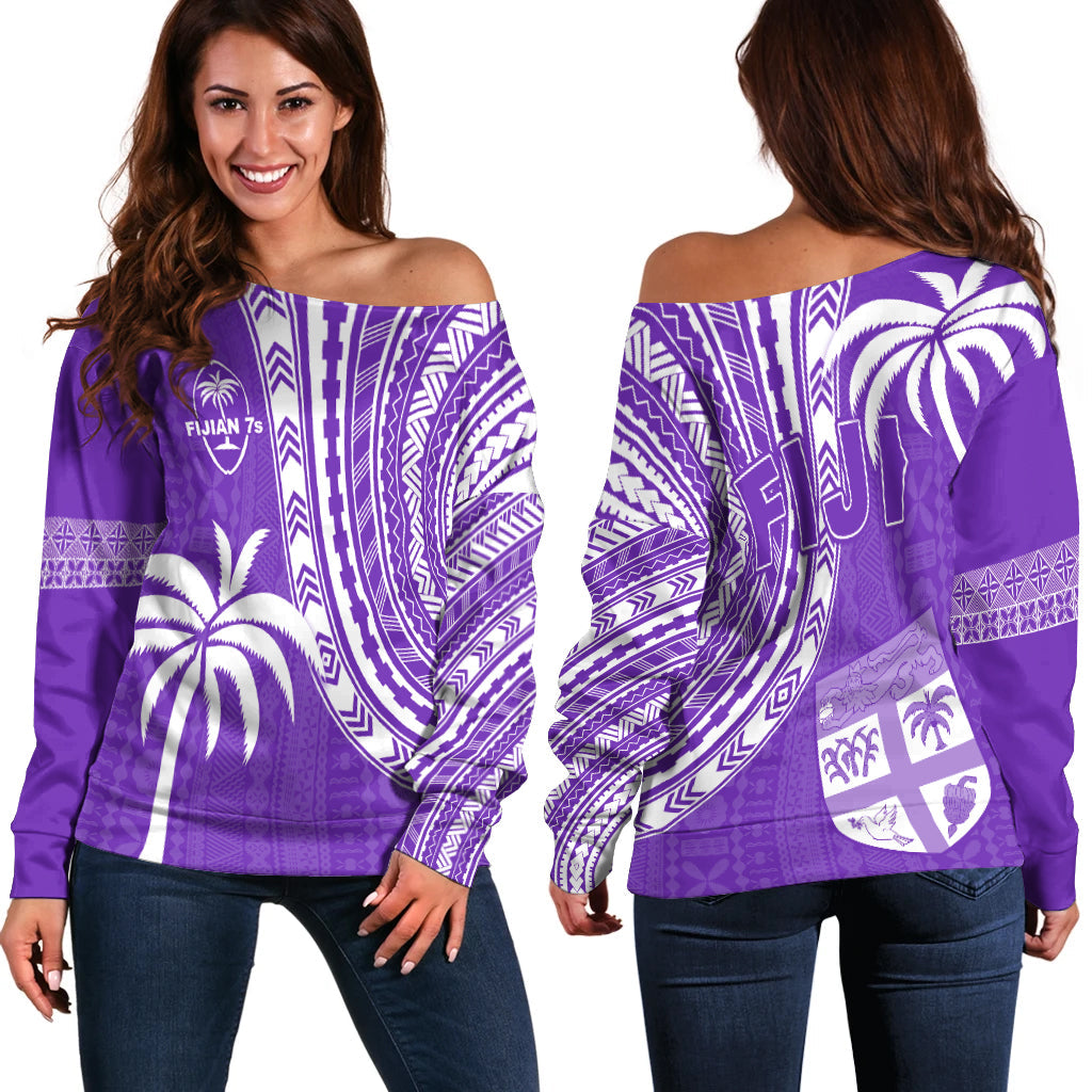 Fiji Rugby Sevens Off Shoulder Sweater Fijian 7s Tapa Polynesian Purple