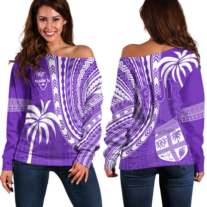 Fiji Rugby Sevens Off Shoulder Sweater Fijian 7s Tapa Polynesian Purple