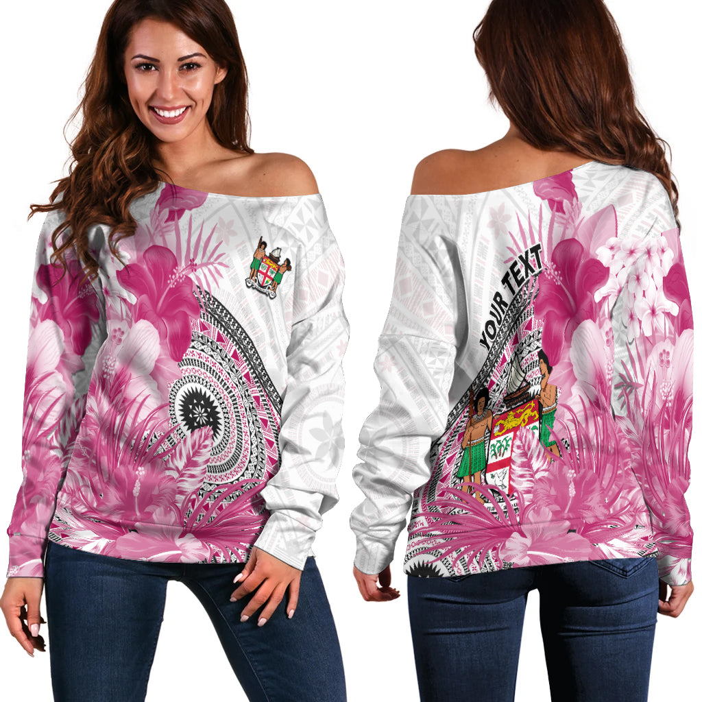 (Custom Personalised) Fiji Tapa Off Shoulder Sweater Pink Fijian Masi Be Loved Hibiscus