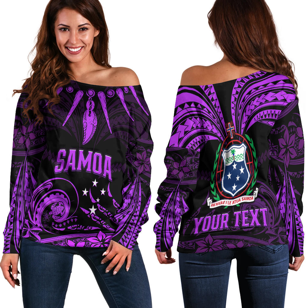(Custom Personalised) Samoa Tatau Off Shoulder Sweater Purple Polynesian Ula Nifo