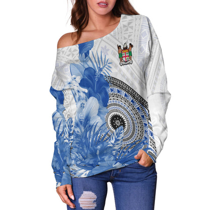 (Custom Personalised) Fiji Tapa Off Shoulder Sweater Blue Fijian Masi Be Loved Hibiscus