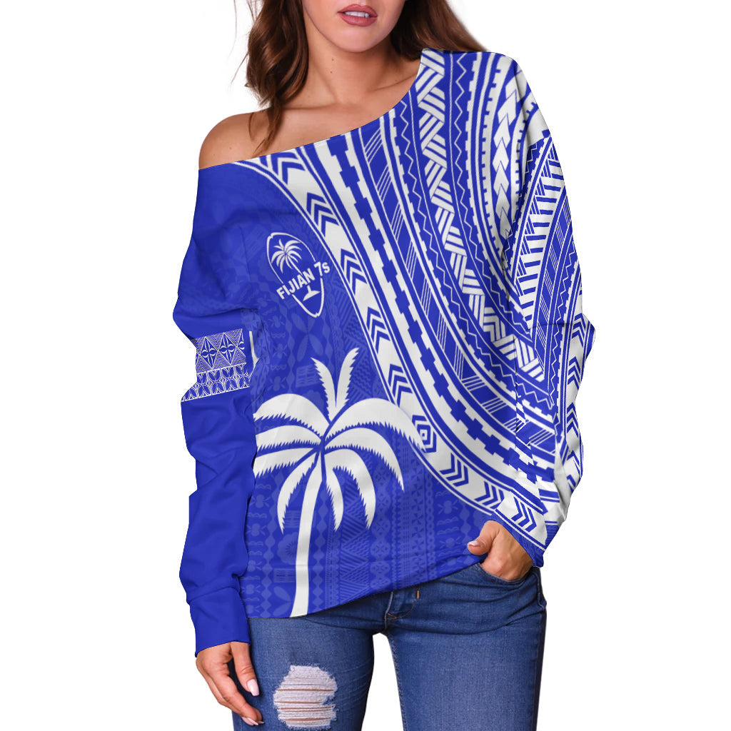 Fiji Rugby Sevens Off Shoulder Sweater Fijian 7s Tapa Polynesian Blue Ver.02