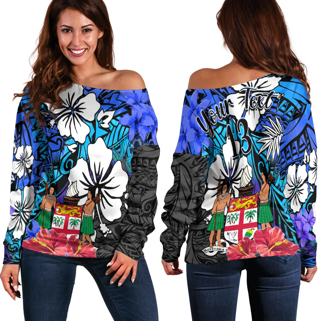 (Custom Text and Number) Fiji Tie Dye Off Shoulder Sweater Polynesian Blue Tribal Creative Tropical Flowers