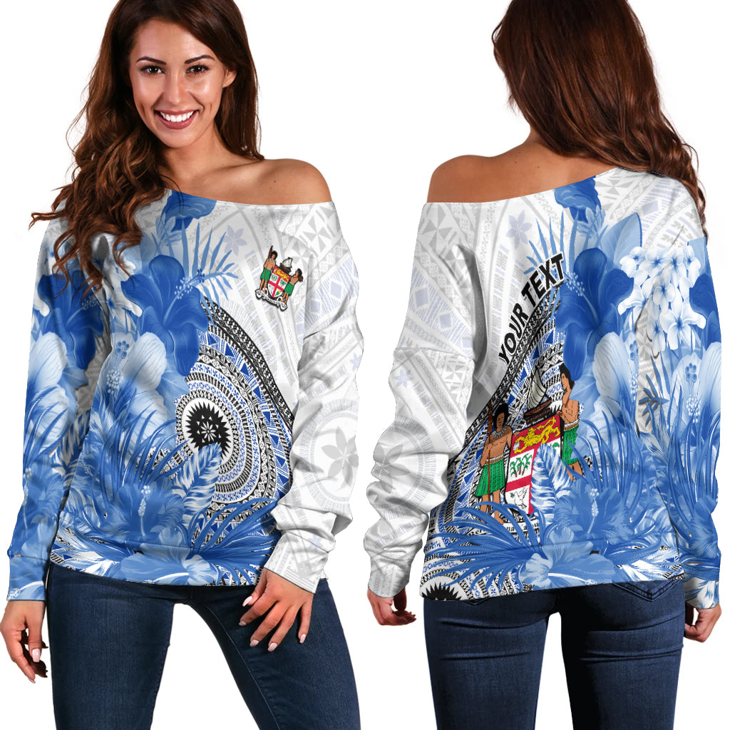 (Custom Personalised) Fiji Tapa Off Shoulder Sweater Blue Fijian Masi Be Loved Hibiscus