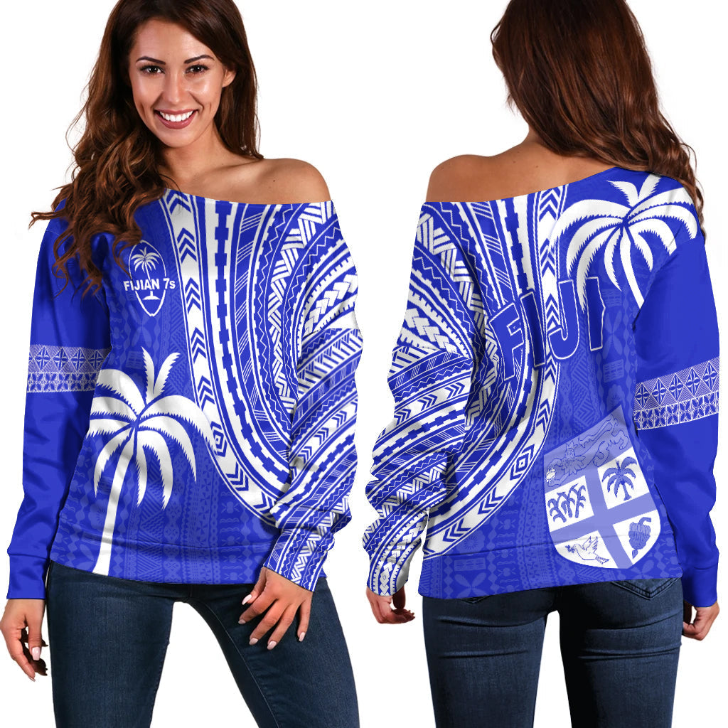Fiji Rugby Sevens Off Shoulder Sweater Fijian 7s Tapa Polynesian Blue Ver.02