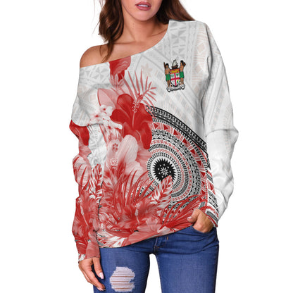 (Custom Personalised) Fiji Tapa Off Shoulder Sweater Red Fijian Masi Be Loved Hibiscus