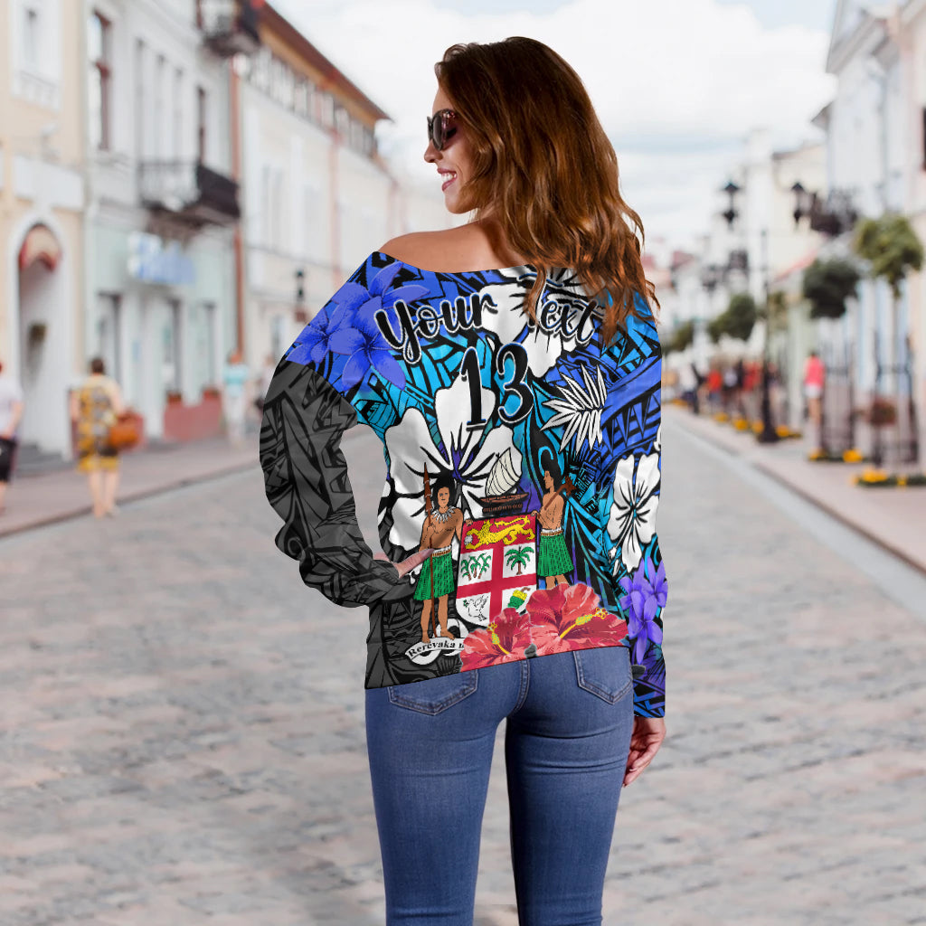 (Custom Text and Number) Fiji Tie Dye Off Shoulder Sweater Polynesian Blue Tribal Creative Tropical Flowers