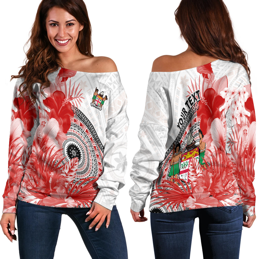 (Custom Personalised) Fiji Tapa Off Shoulder Sweater Red Fijian Masi Be Loved Hibiscus