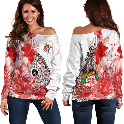 (Custom Personalised) Fiji Tapa Off Shoulder Sweater Red Fijian Masi Be Loved Hibiscus