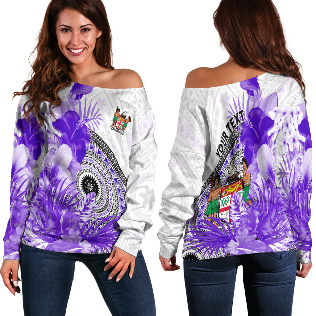 (Custom Personalised) Fiji Tapa Off Shoulder Sweater Purple Fijian Masi Be Loved Hibiscus