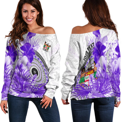 (Custom Personalised) Fiji Tapa Off Shoulder Sweater Purple Fijian Masi Be Loved Hibiscus