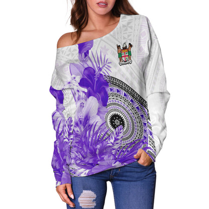 (Custom Personalised) Fiji Tapa Off Shoulder Sweater Purple Fijian Masi Be Loved Hibiscus