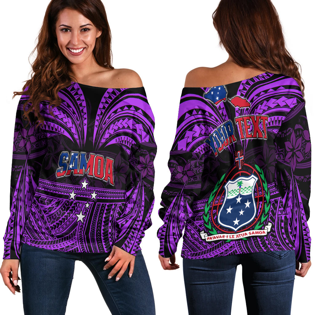 (Custom Personalised) Samoa Tatau Off Shoulder Sweater Purple Polynesian Proud Samoan