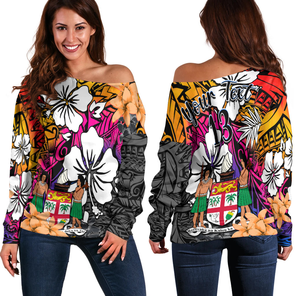 (Custom Text and Number) Fiji Tie Dye Off Shoulder Sweater Polynesian Tribal Creative Tropical Flowers