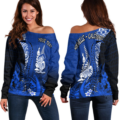 (Custom Personalised) New Caledonia Off Shoulder Sweater Nautilus Blue Polynesian Hibiscus