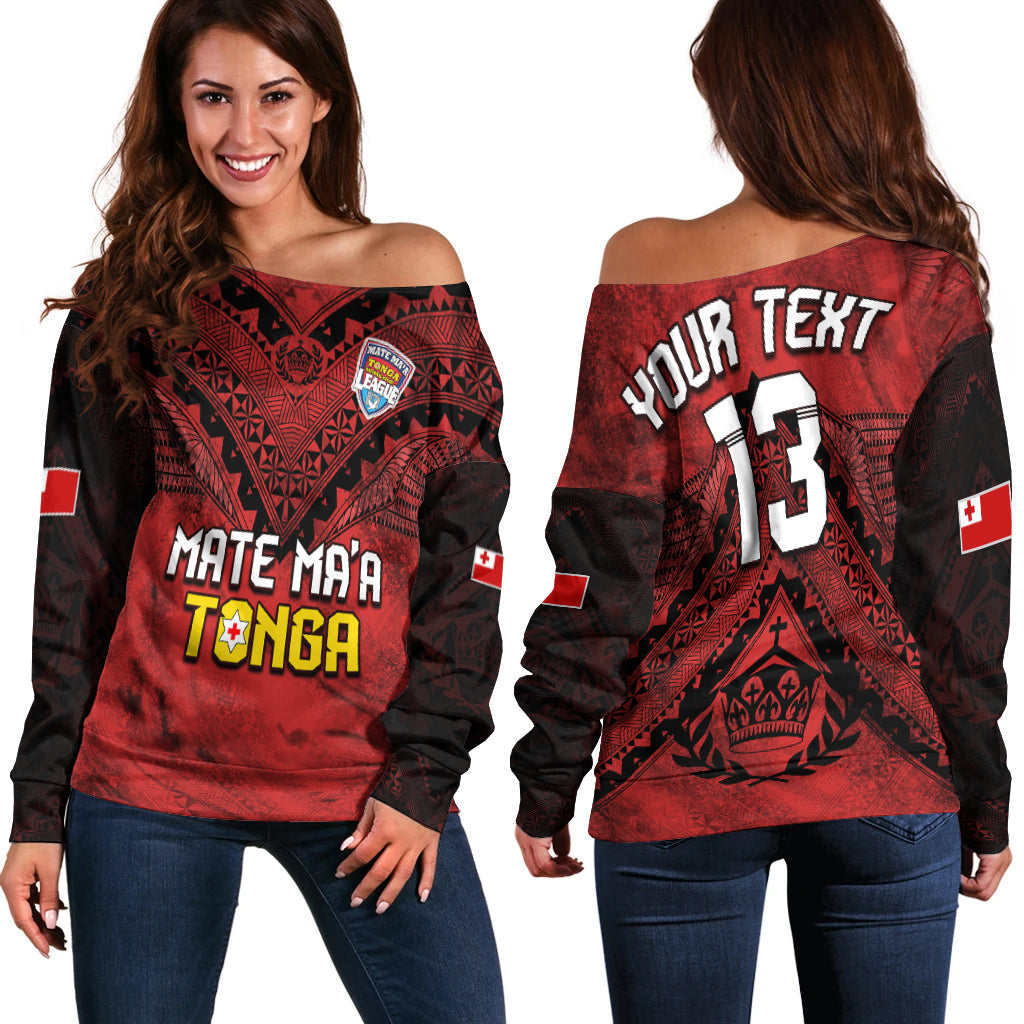 (Custom Text and Number) Tonga Rugby MMT Off Shoulder Sweater Ngatu Mate Maa Tonga Grunge