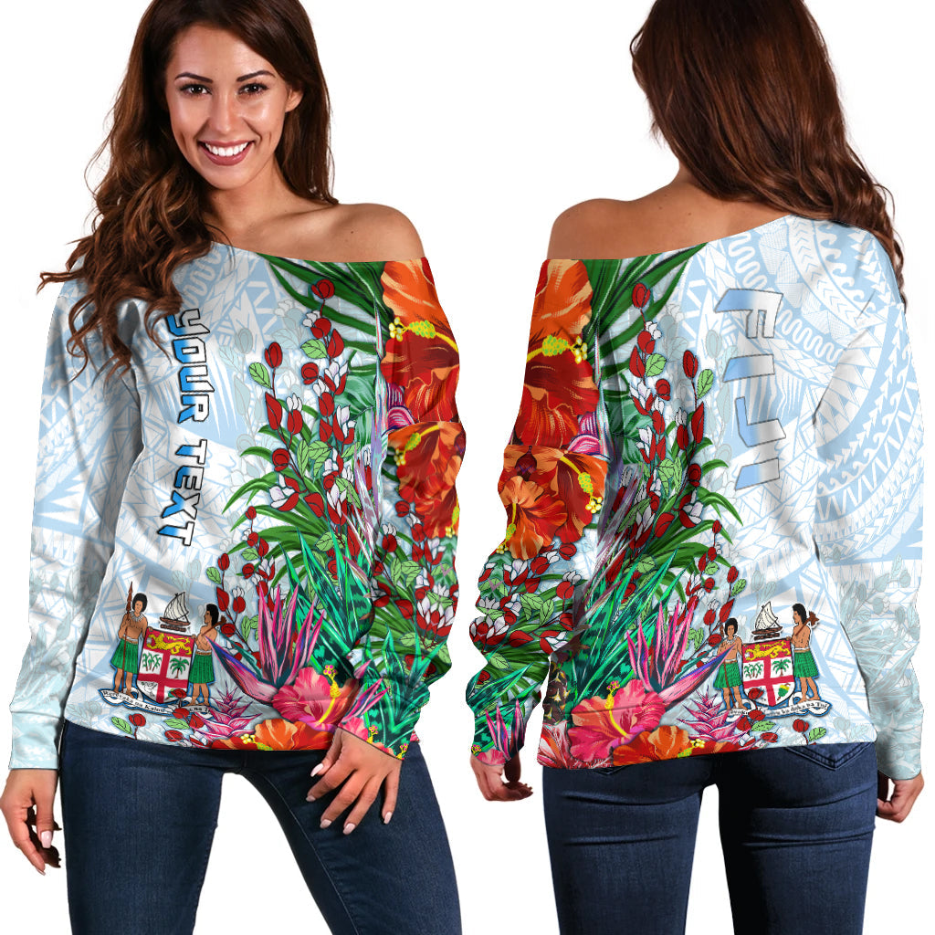 (Custom Personalised) Fiji Off Shoulder Sweater Proud Fijian Tapa mix Tagimoucia Flowers