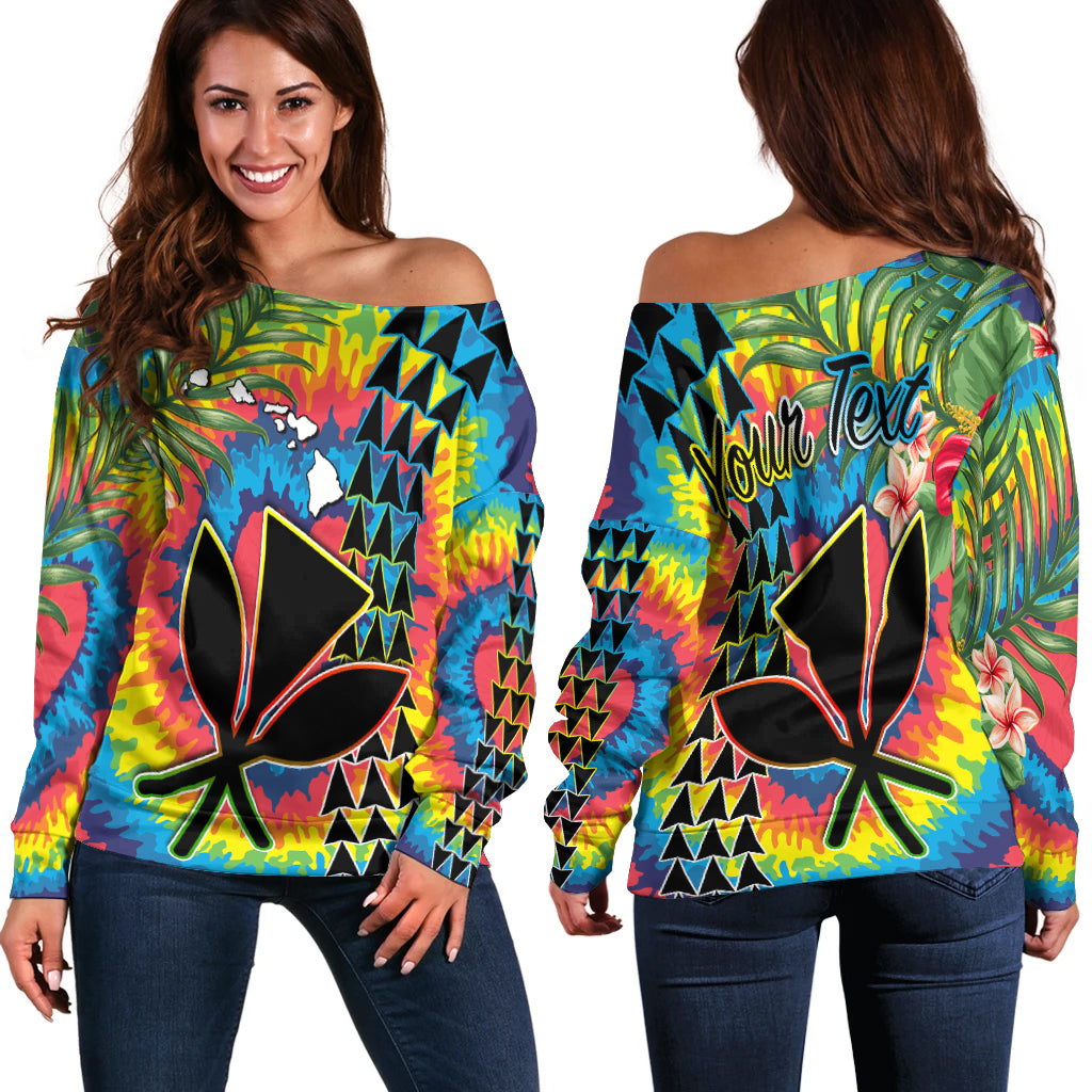 (Custom Personalised) Hawaii Rainbow Tie Dye Off Shoulder Sweater Flowers Polynesian Hawaiian Tribal