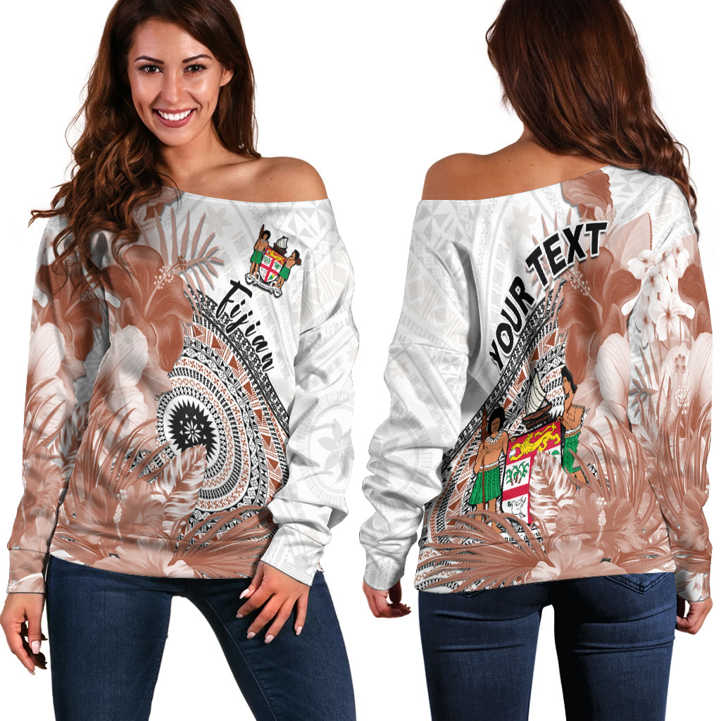 (Custom Personalised) Fiji Tapa Off Shoulder Sweater White Fijian Masi Be Loved Hibiscus