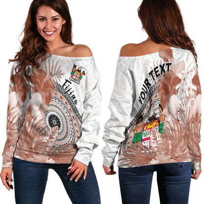 (Custom Personalised) Fiji Tapa Off Shoulder Sweater White Fijian Masi Be Loved Hibiscus
