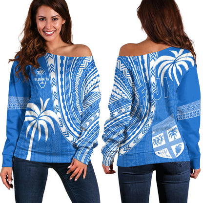 Fiji Rugby Sevens Off Shoulder Sweater Fijian 7s Tapa Polynesian Blue Ver.01