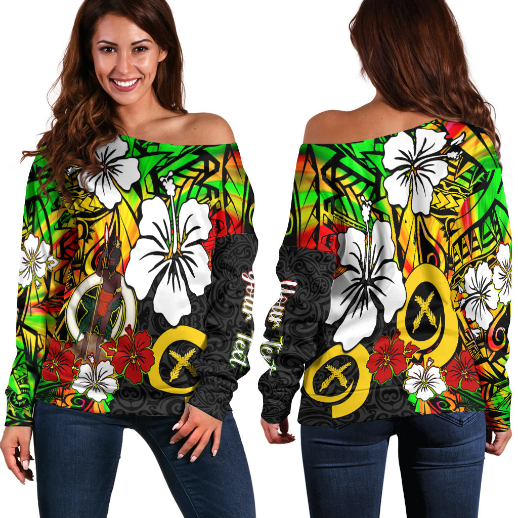(Custom Personalised) Vanuatu Off Shoulder Sweater Polynesia Tie Dye Hibiscus Flowers