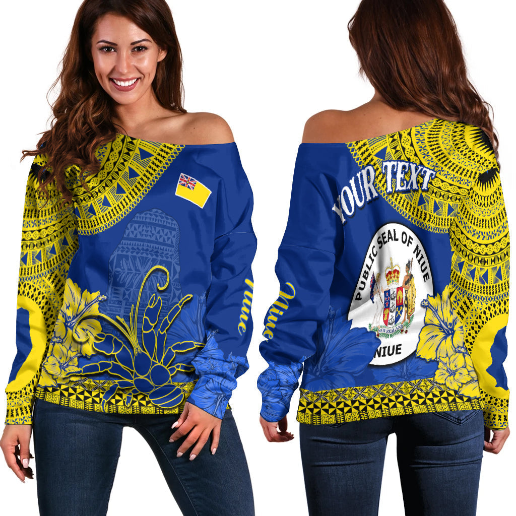 (Custom Personalised) Niue Hiapo Off Shoulder Sweater Rock of Polynesia Tapa Niuean Crab Happy Day