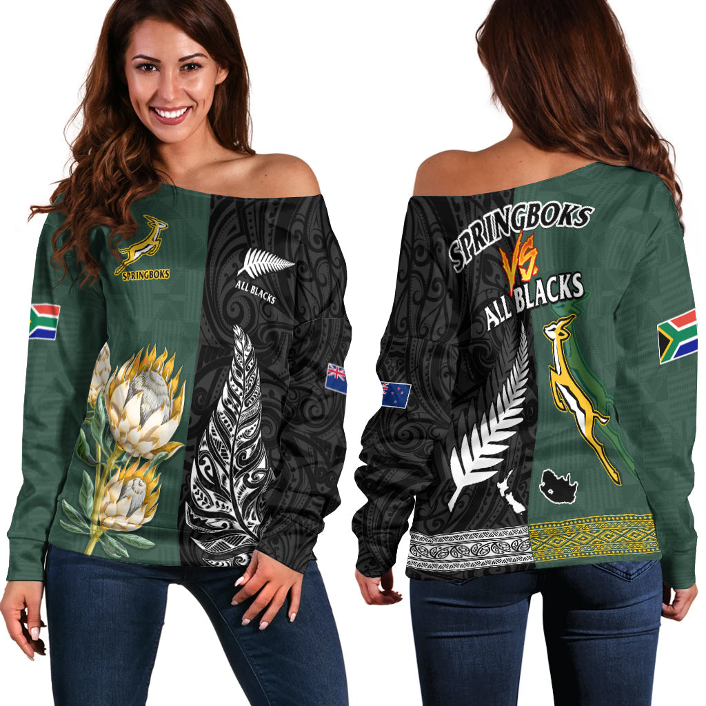 South Africa Protea and New Zealand Fern Off Shoulder Sweater Rugby Go Springboks vs All Black
