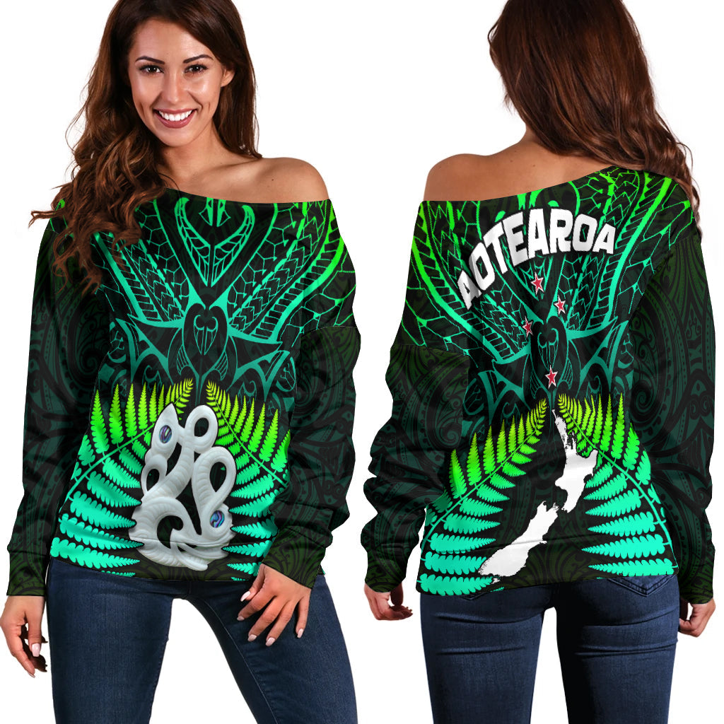 Aotearoa Fern Off Shoulder Sweater New Zealand Hei Tiki Green Style