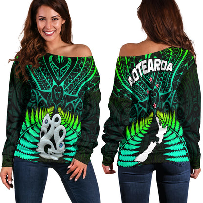 Aotearoa Fern Off Shoulder Sweater New Zealand Hei Tiki Green Style