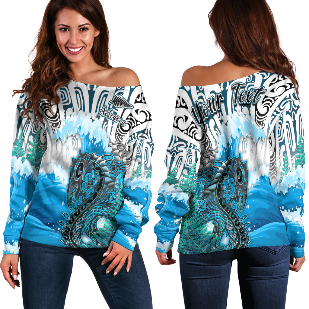 (Custom Personalised) Manaia Maori Off Shoulder Sweater Fern Aotearoa Blue Waves