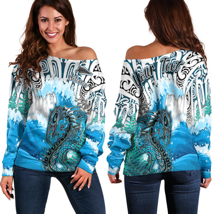 (Custom Personalised) Manaia Maori Off Shoulder Sweater Fern Aotearoa Blue Waves