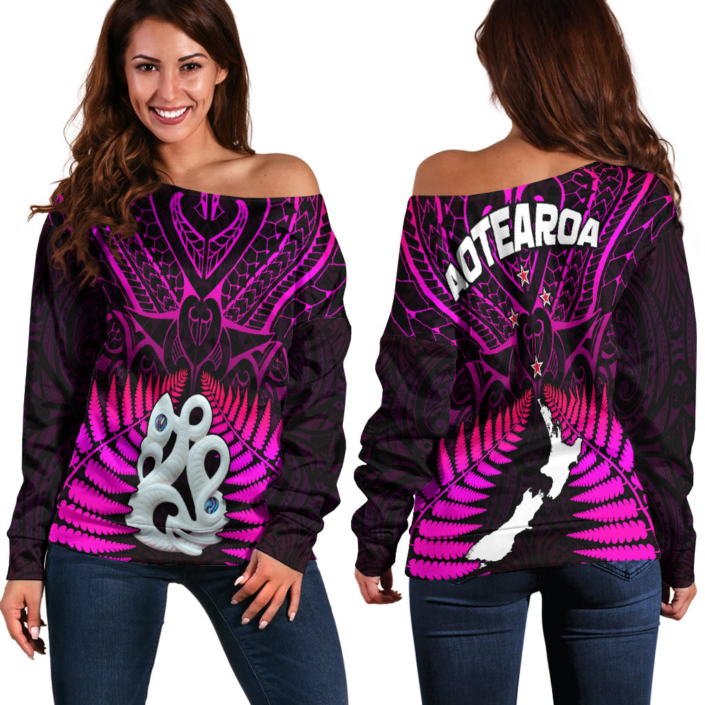 Aotearoa Fern Off Shoulder Sweater New Zealand Hei Tiki Purple Style