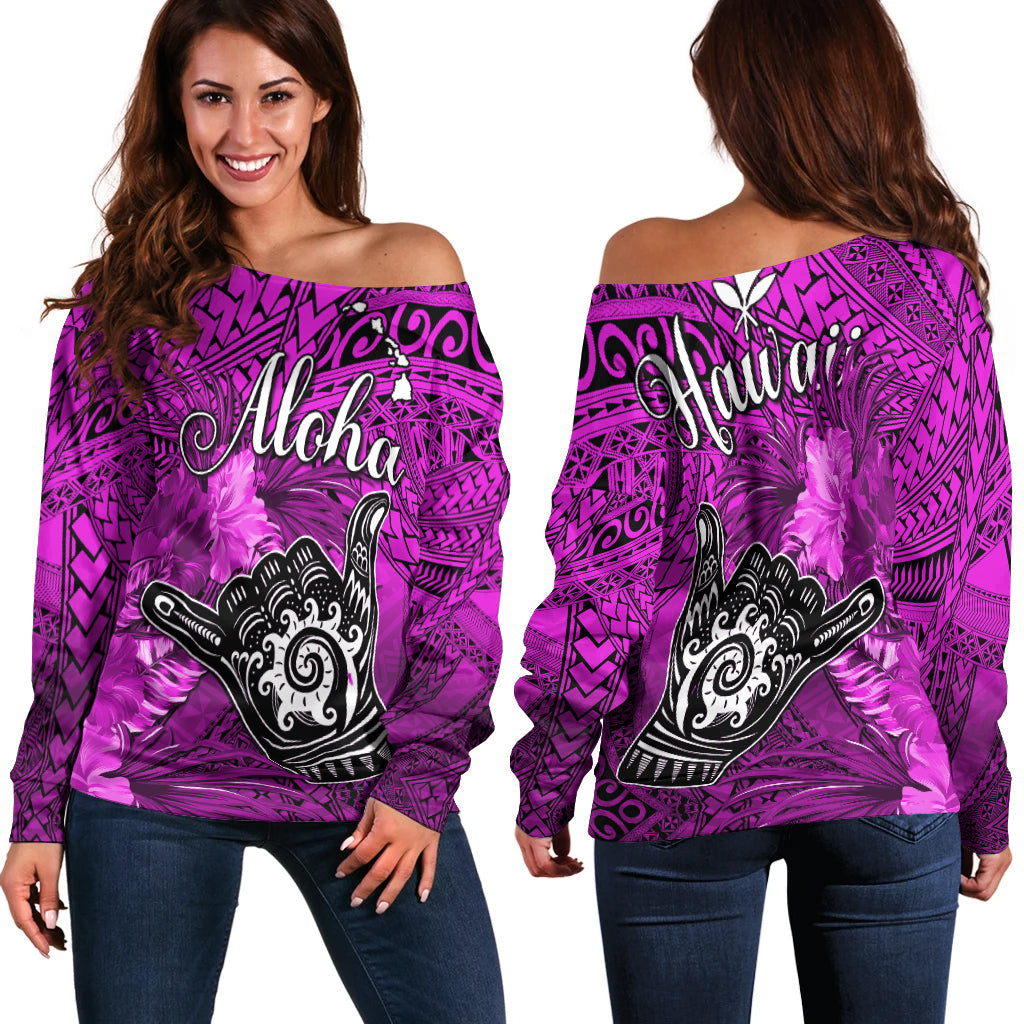 The Shaka Hawaii Off Shoulder Sweater Tropical Flowers Purple Version