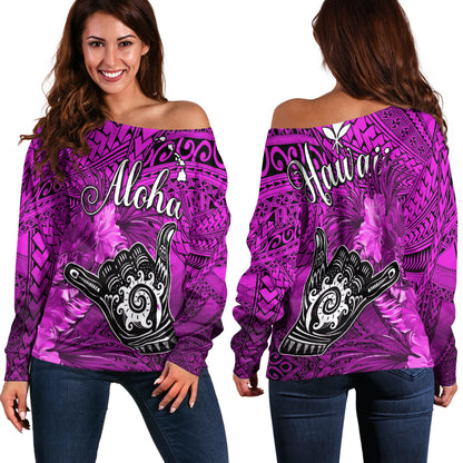 The Shaka Hawaii Off Shoulder Sweater Tropical Flowers Purple Version