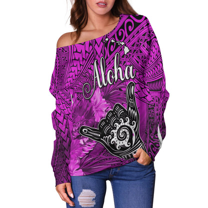 The Shaka Hawaii Off Shoulder Sweater Tropical Flowers Purple Version