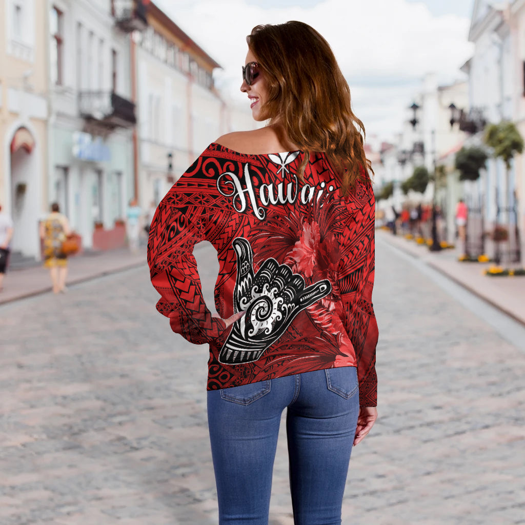 The Shaka Hawaii Off Shoulder Sweater Tropical Flowers Red Version