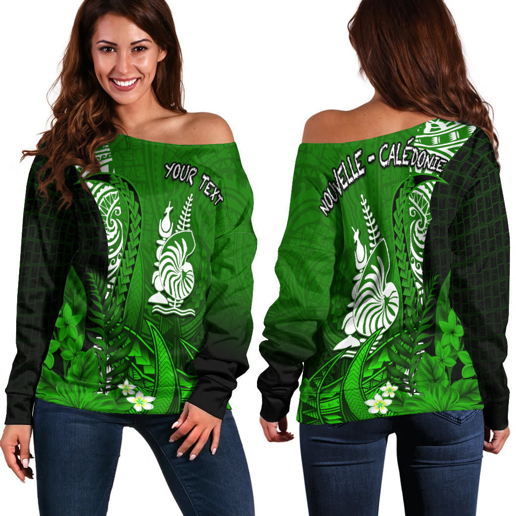 (Custom Personalised) New Caledonia Off Shoulder Sweater Nautilus Green Polynesian Hibiscus
