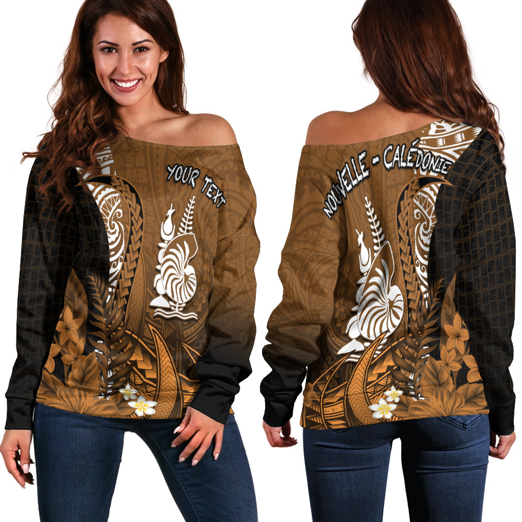 (Custom Personalised) New Caledonia Off Shoulder Sweater Nautilus Gold Polynesian Hibiscus