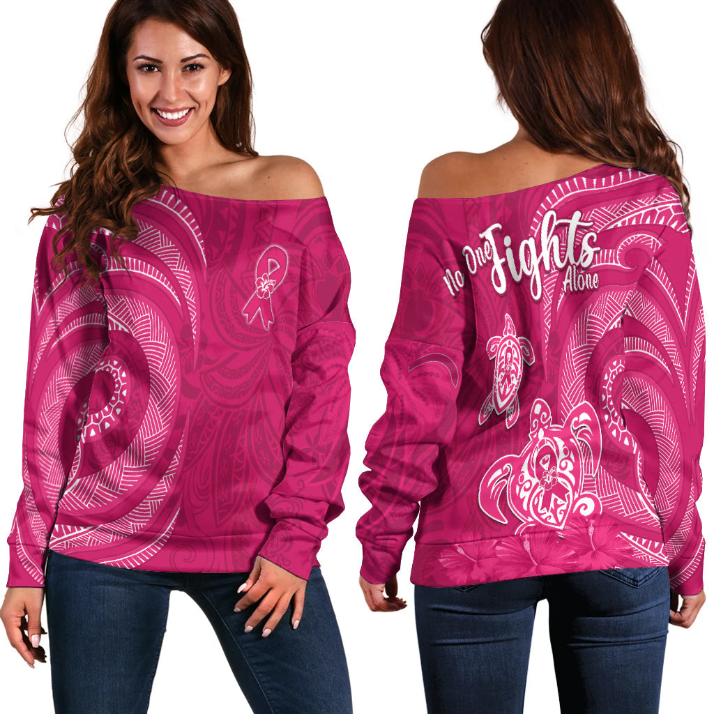 Breast Cancer Awareness Off Shoulder Sweater Hibiscus Polynesian No One Fights Alone